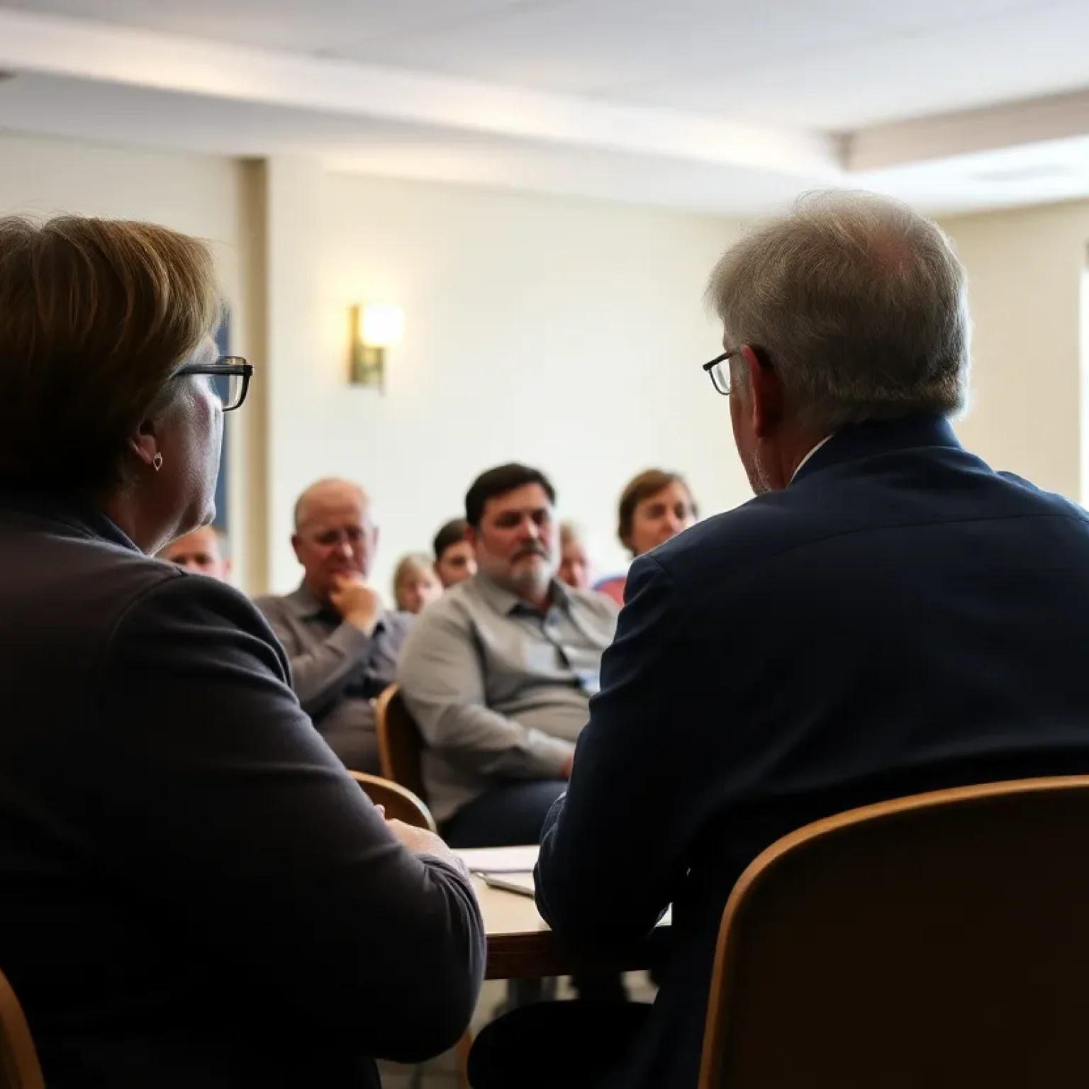 Residents of St. Petersburg discussing utility rate hikes in a town hall meeting.