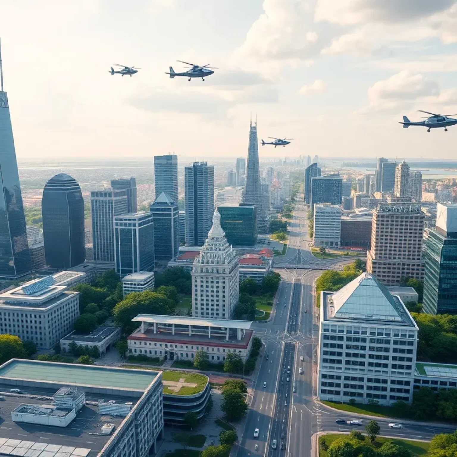 Futuristic electric air vehicles flying over St. Petersburg skyline