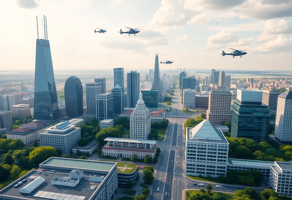 Futuristic electric air vehicles flying over St. Petersburg skyline
