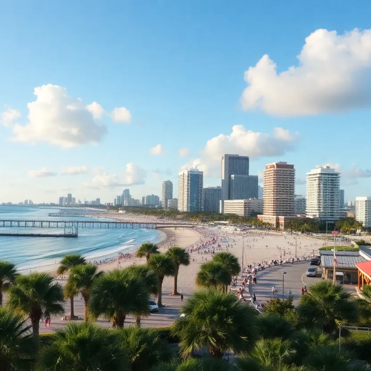 Coastal view of St. Petersburg, Florida with clear skies and vibrant beach life.