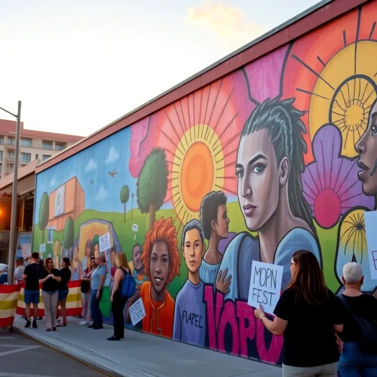 Protesters near a colorful street mural in St. Petersburg, Florida