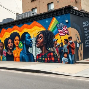 Protesters near a colorful street mural in St. Petersburg, Florida