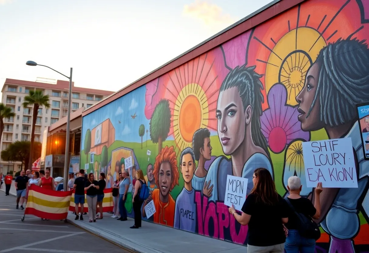 Protesters near a colorful street mural in St. Petersburg, Florida