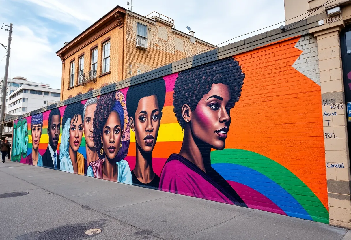 Colorful street mural in St. Petersburg representing inclusivity and community.