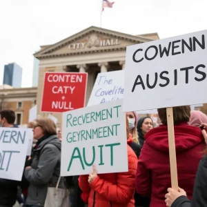 Protesters gather outside St. Petersburg City Hall to voice concerns over a state audit.