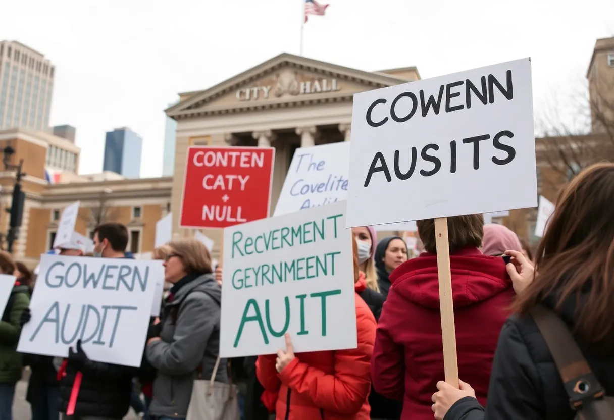 Protesters gather outside St. Petersburg City Hall to voice concerns over a state audit.