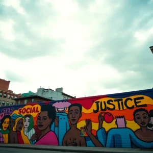 A colorful mural that highlights social justice themes in St. Petersburg.
