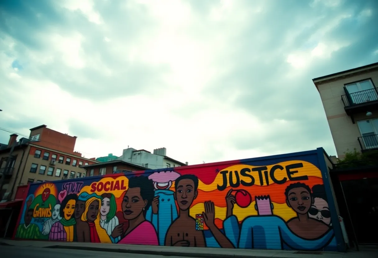 A colorful mural that highlights social justice themes in St. Petersburg.