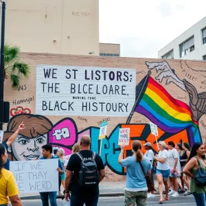 A colorful mural celebrating diversity in St. Petersburg, flanked by protesters advocating for its preservation.