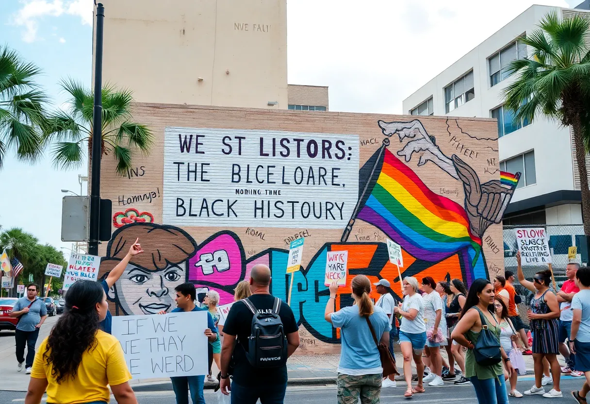 A colorful mural celebrating diversity in St. Petersburg, flanked by protesters advocating for its preservation.