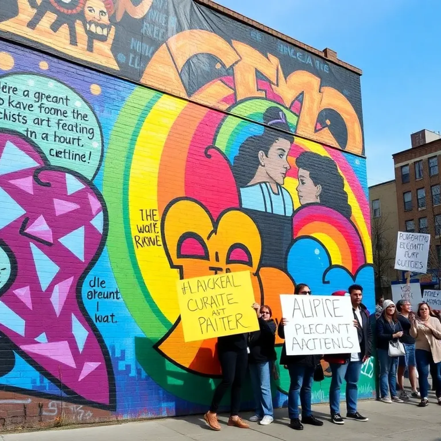 Activists rallying in front of colorful murals in St. Petersburg.