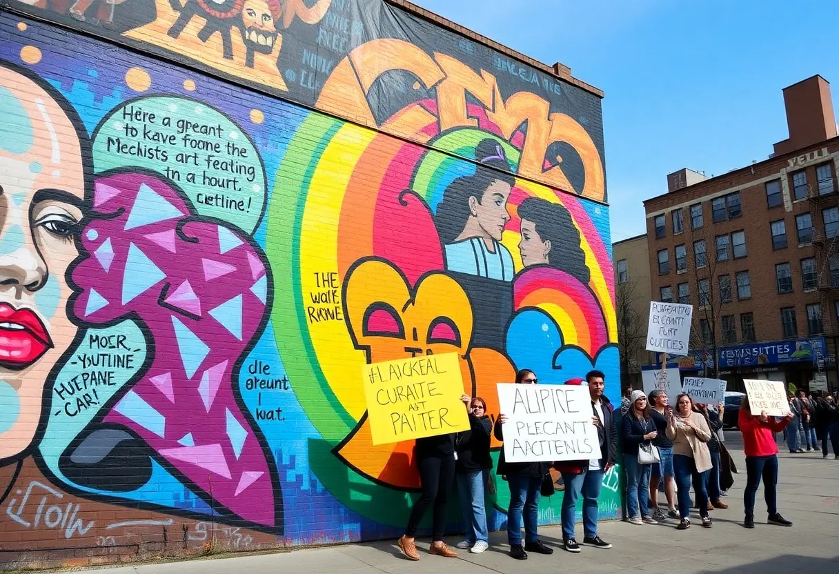 Activists rallying in front of colorful murals in St. Petersburg.