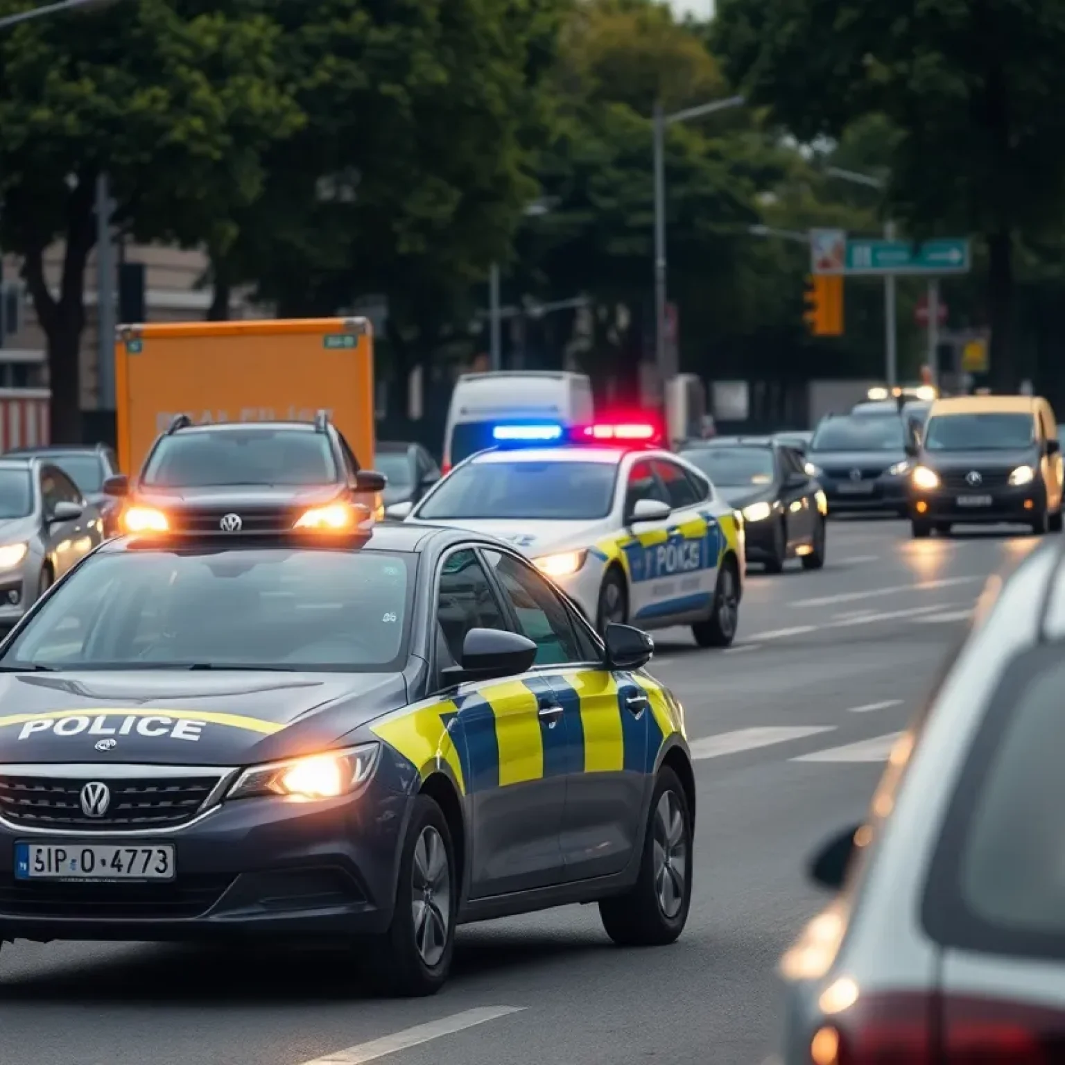 Police vehicles at a scene in St. Petersburg related to domestic violence