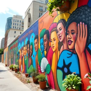 A vibrant mural symbolizing inclusion on a city street in St. Petersburg