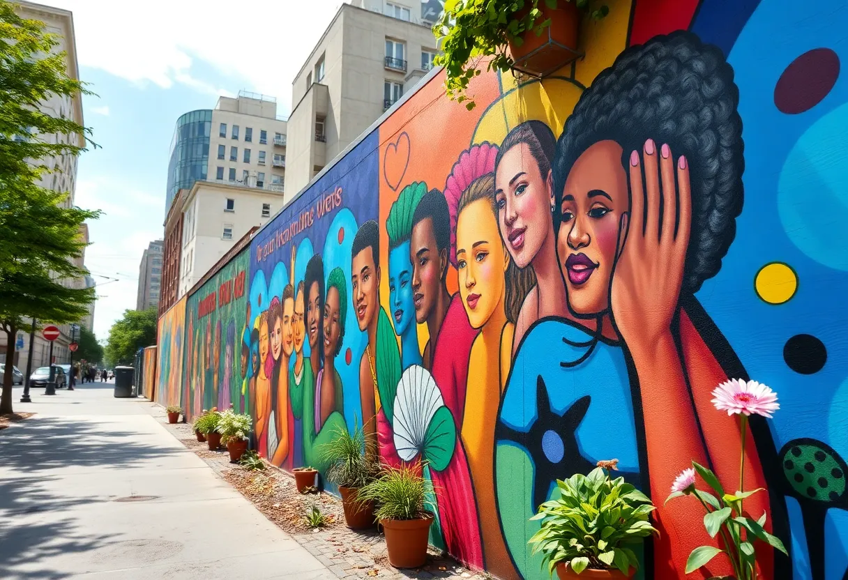 A vibrant mural symbolizing inclusion on a city street in St. Petersburg