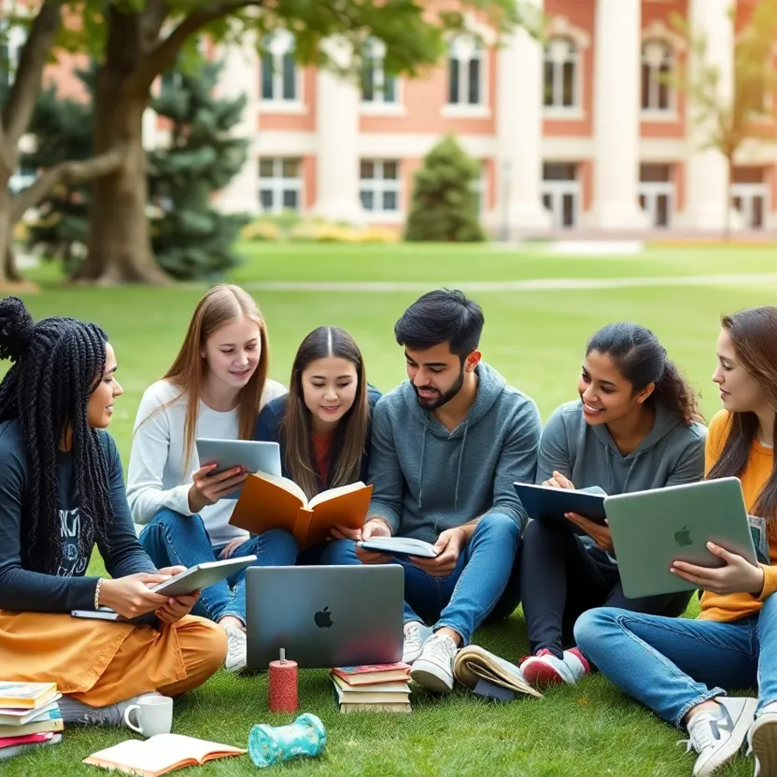College students studying together outdoors