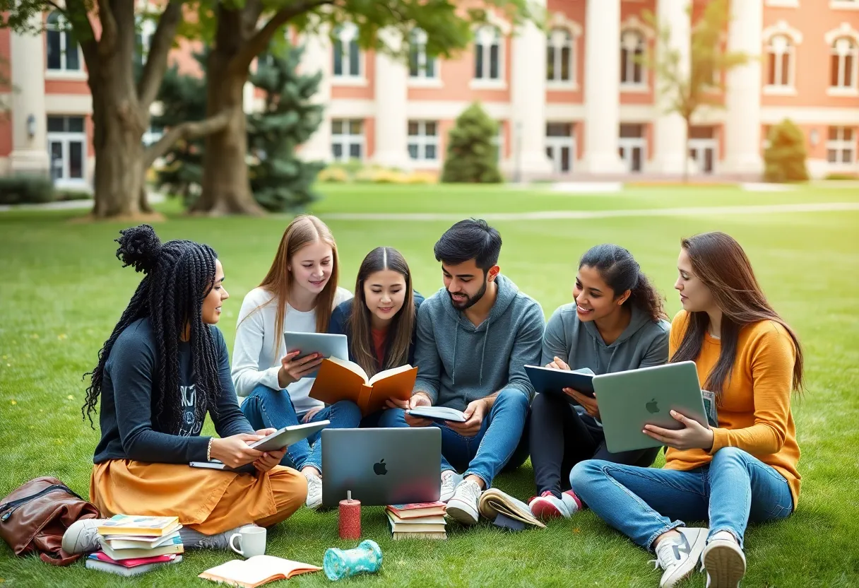 College students studying together outdoors