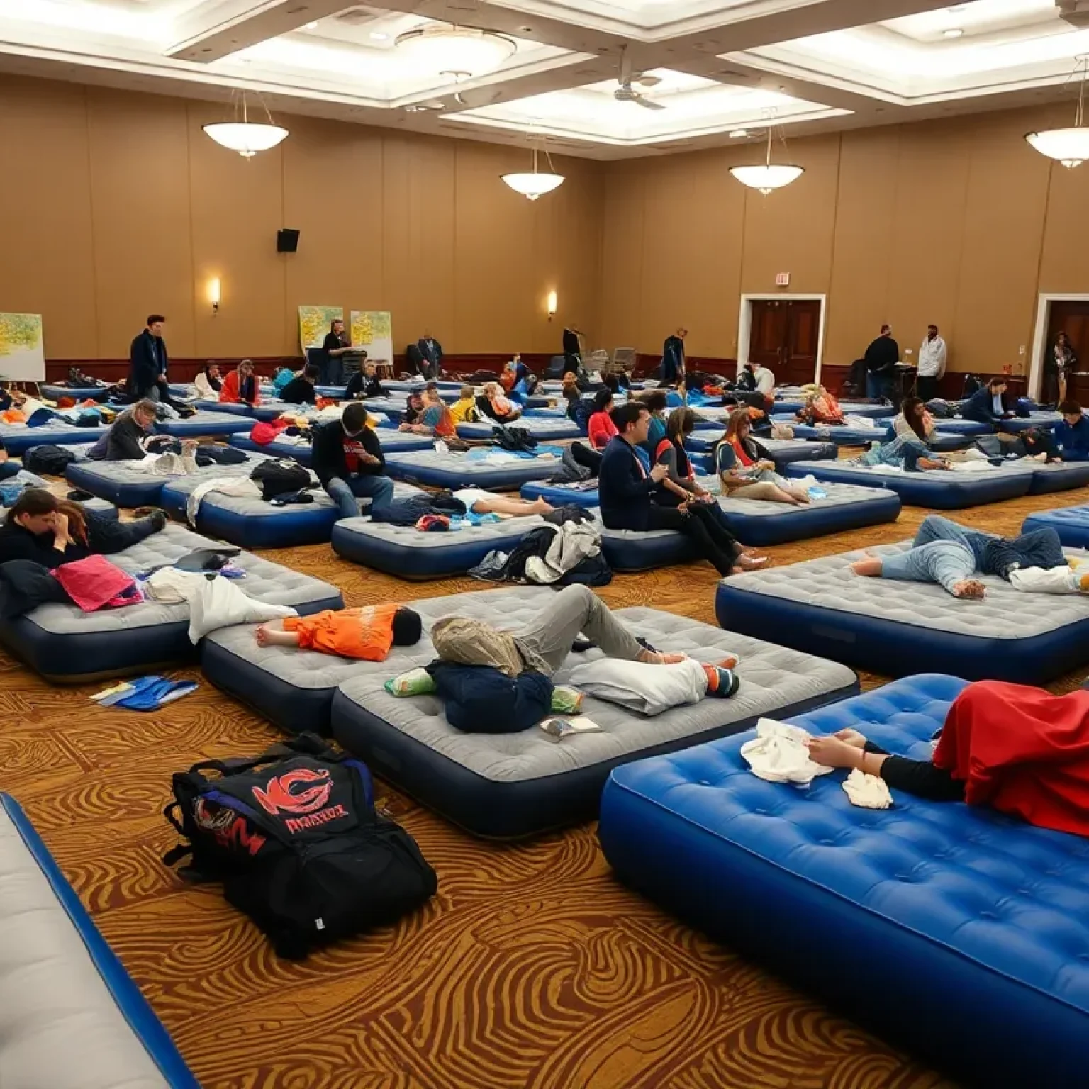 University students in a ballroom using air mattresses and makeshift accommodations after hurricane damage.