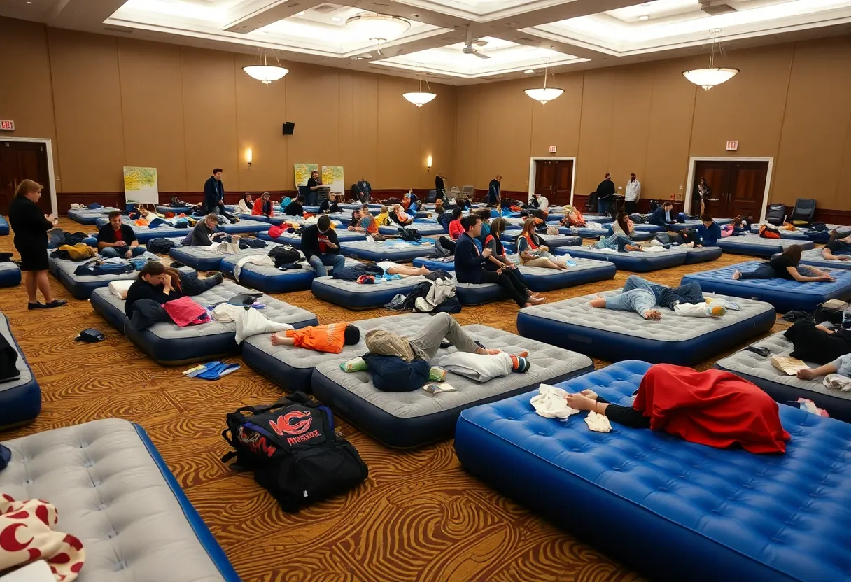 University students in a ballroom using air mattresses and makeshift accommodations after hurricane damage.