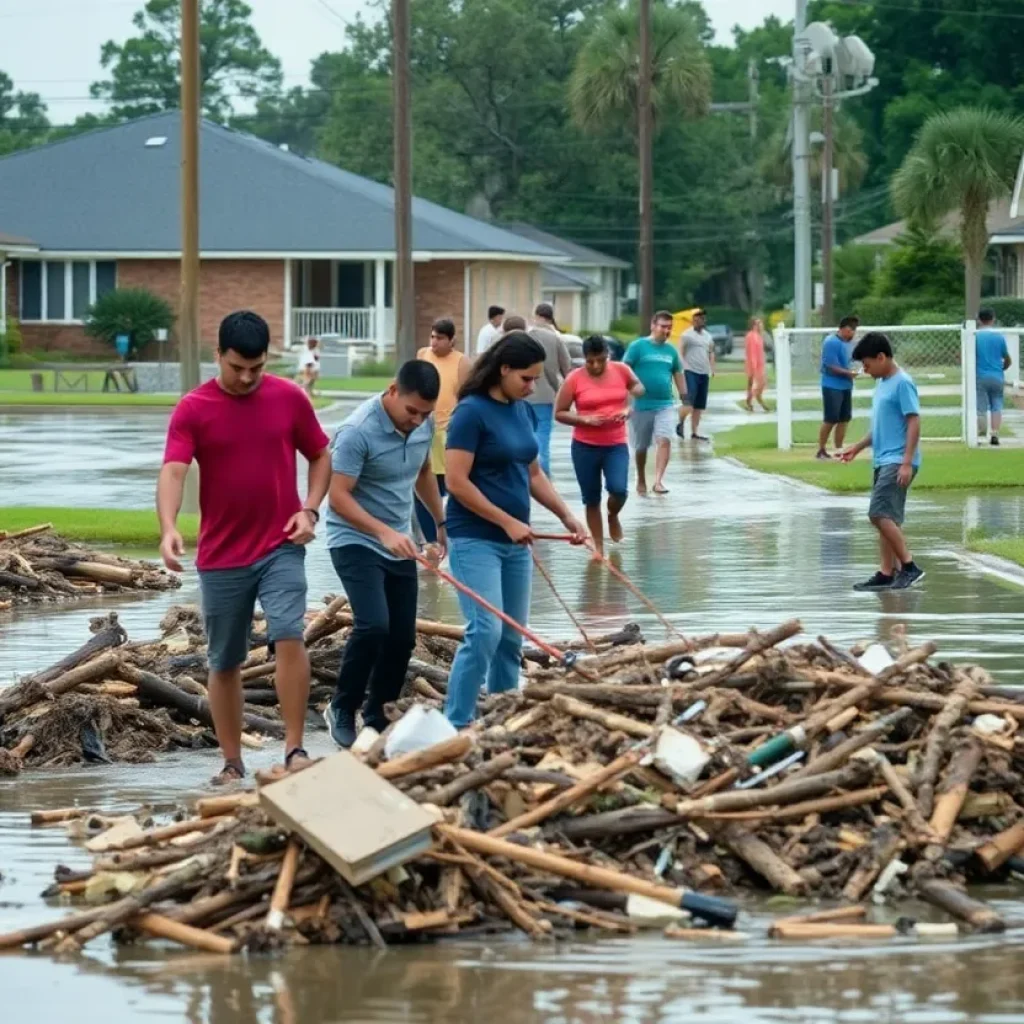 Community members assisting in cleanup efforts after Hurricane Helene