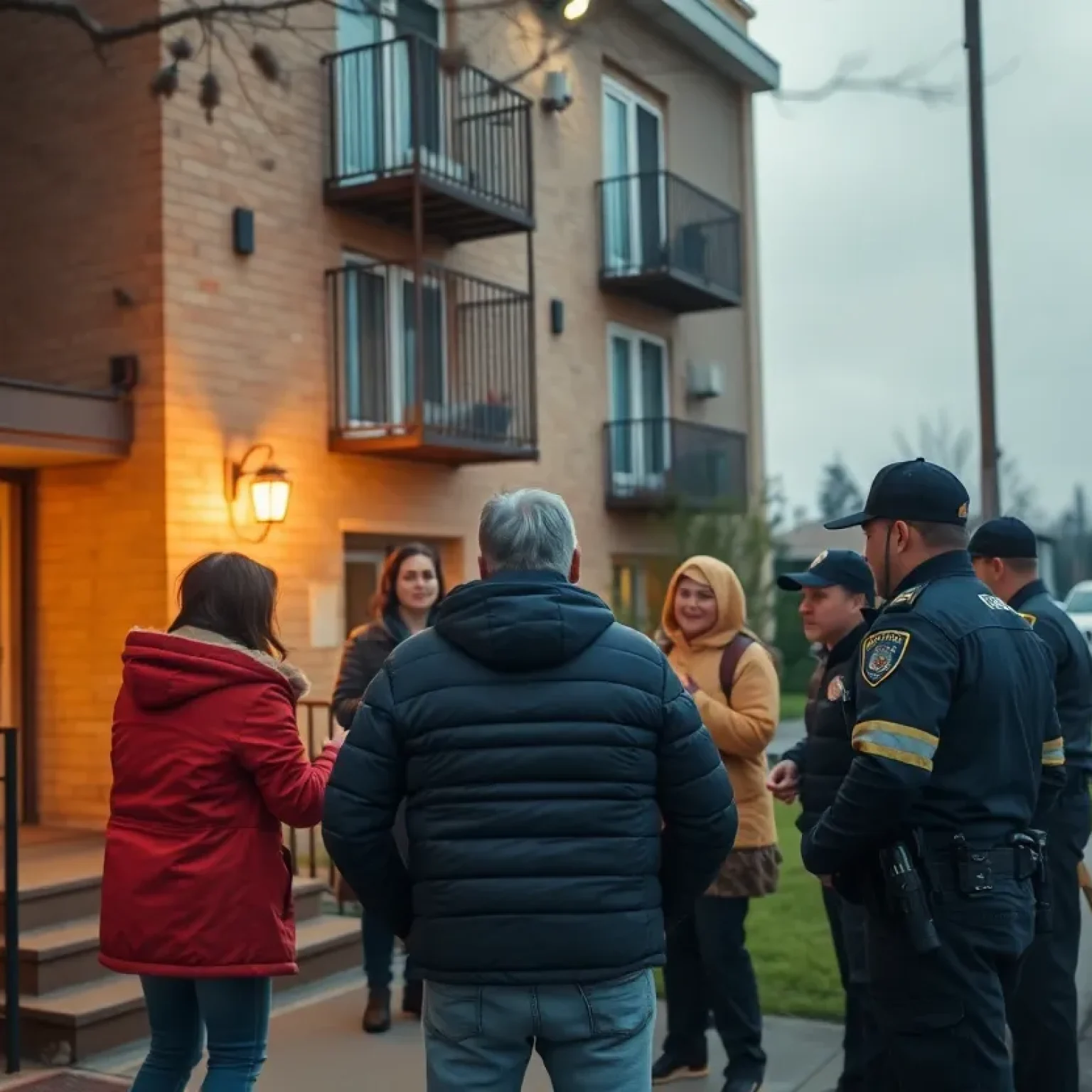 Conflict outside an apartment complex with police presence.