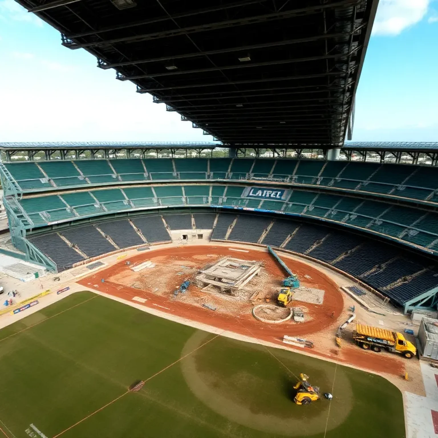 Construction workers repairing turf at Tropicana Field after hurricane damage