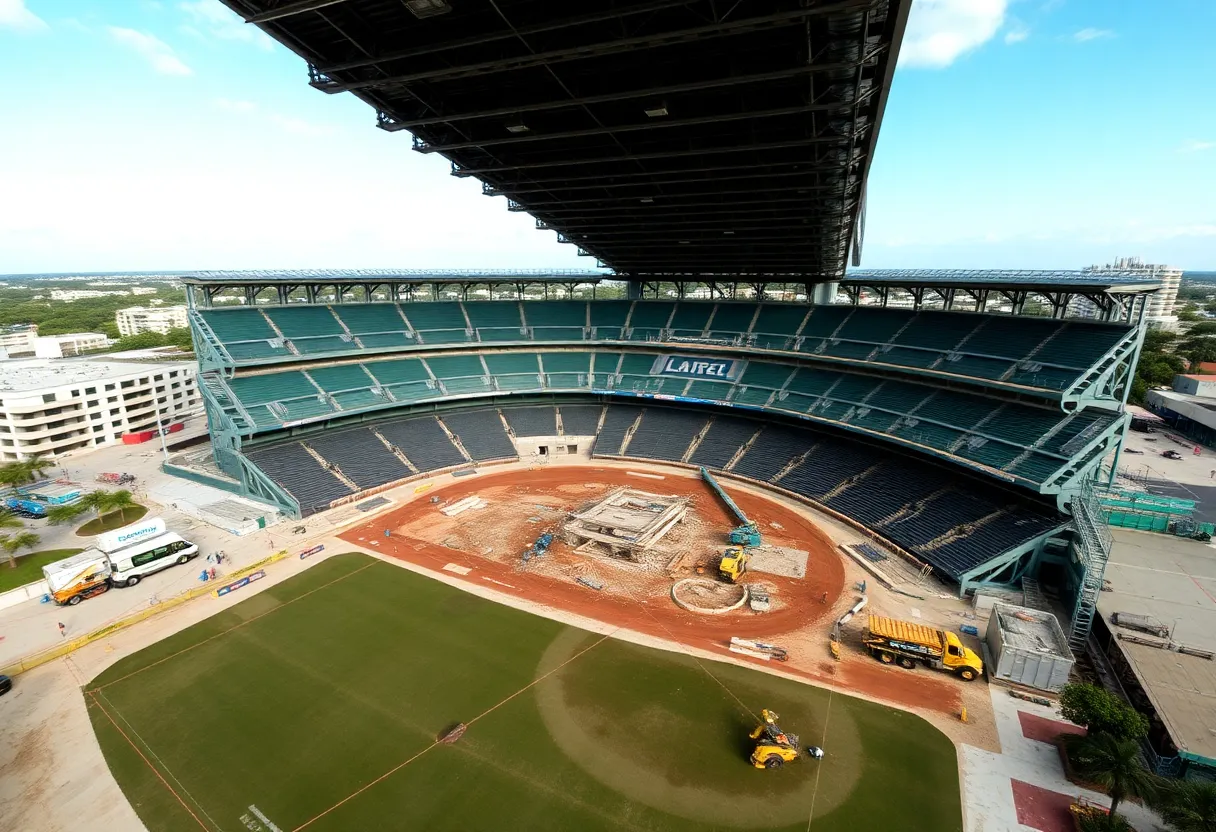 Construction workers repairing turf at Tropicana Field after hurricane damage