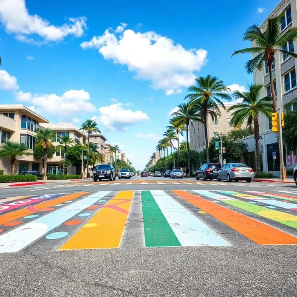 Colorful painted crosswalk in urban setting of St. Petersburg, Florida