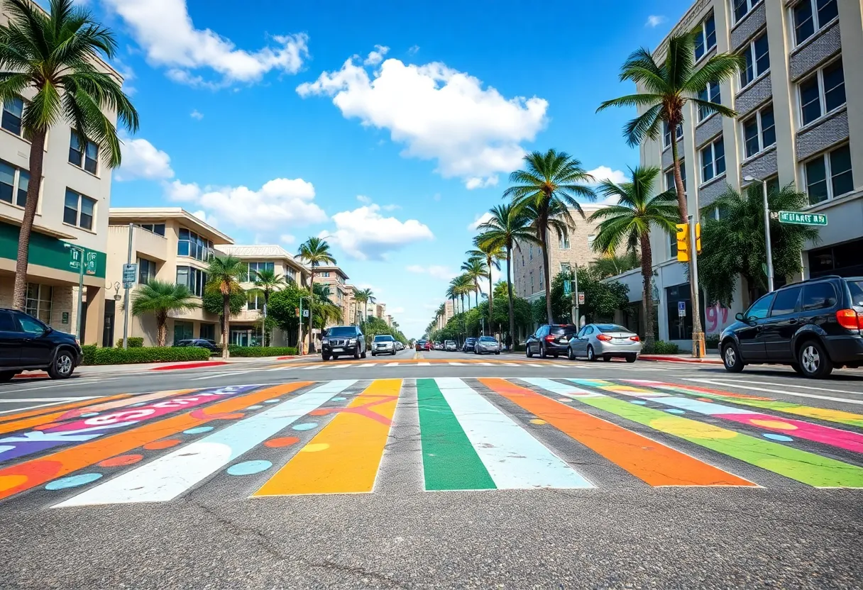 Colorful painted crosswalk in urban setting of St. Petersburg, Florida