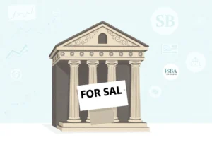 Illustration depicting a bank selling a loan portfolio with financial symbols.