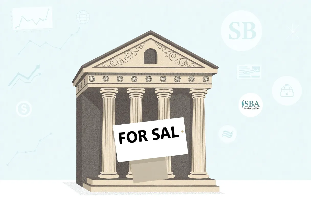 Illustration depicting a bank selling a loan portfolio with financial symbols.