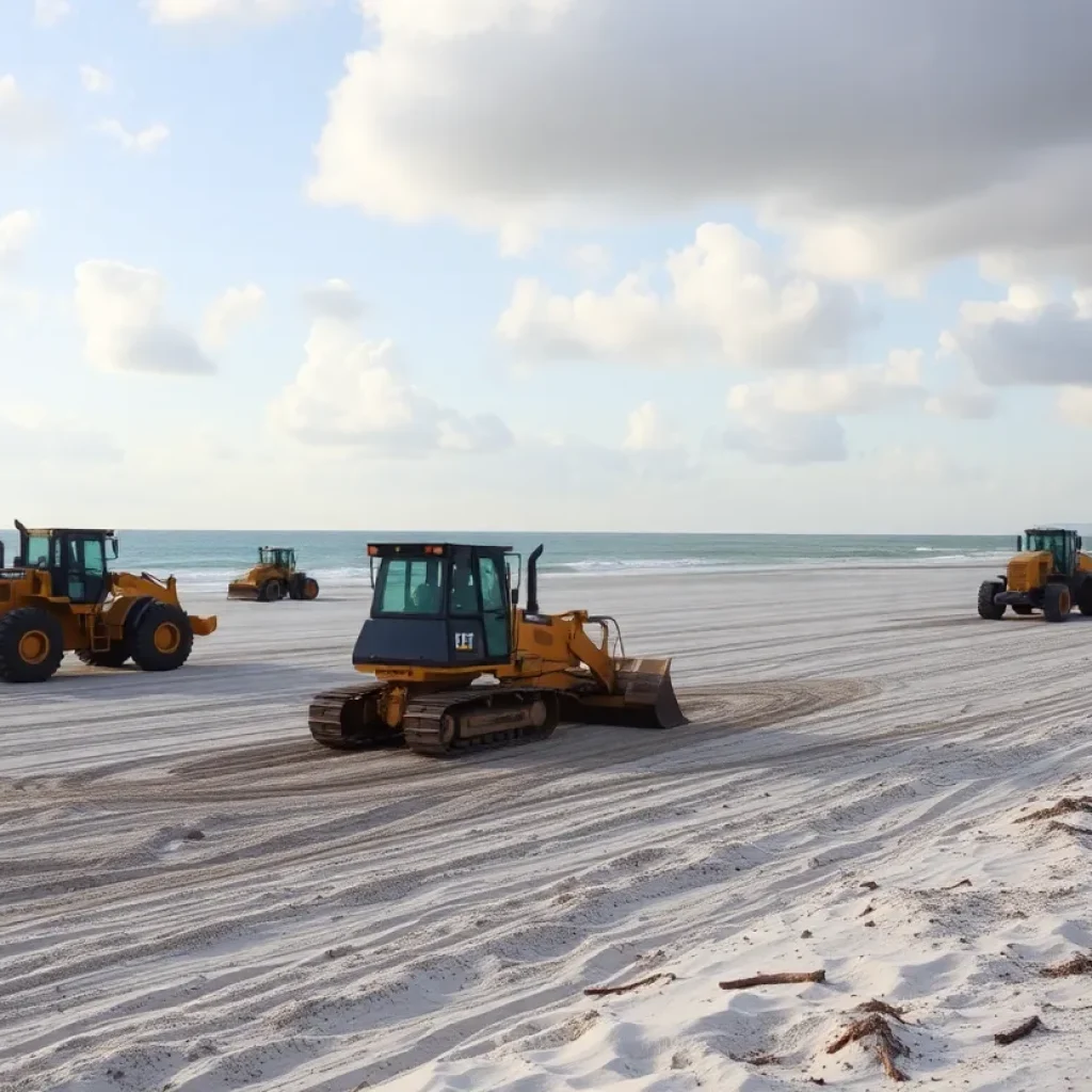 Workers pumping sand onto the beach in Pinellas County, Florida
