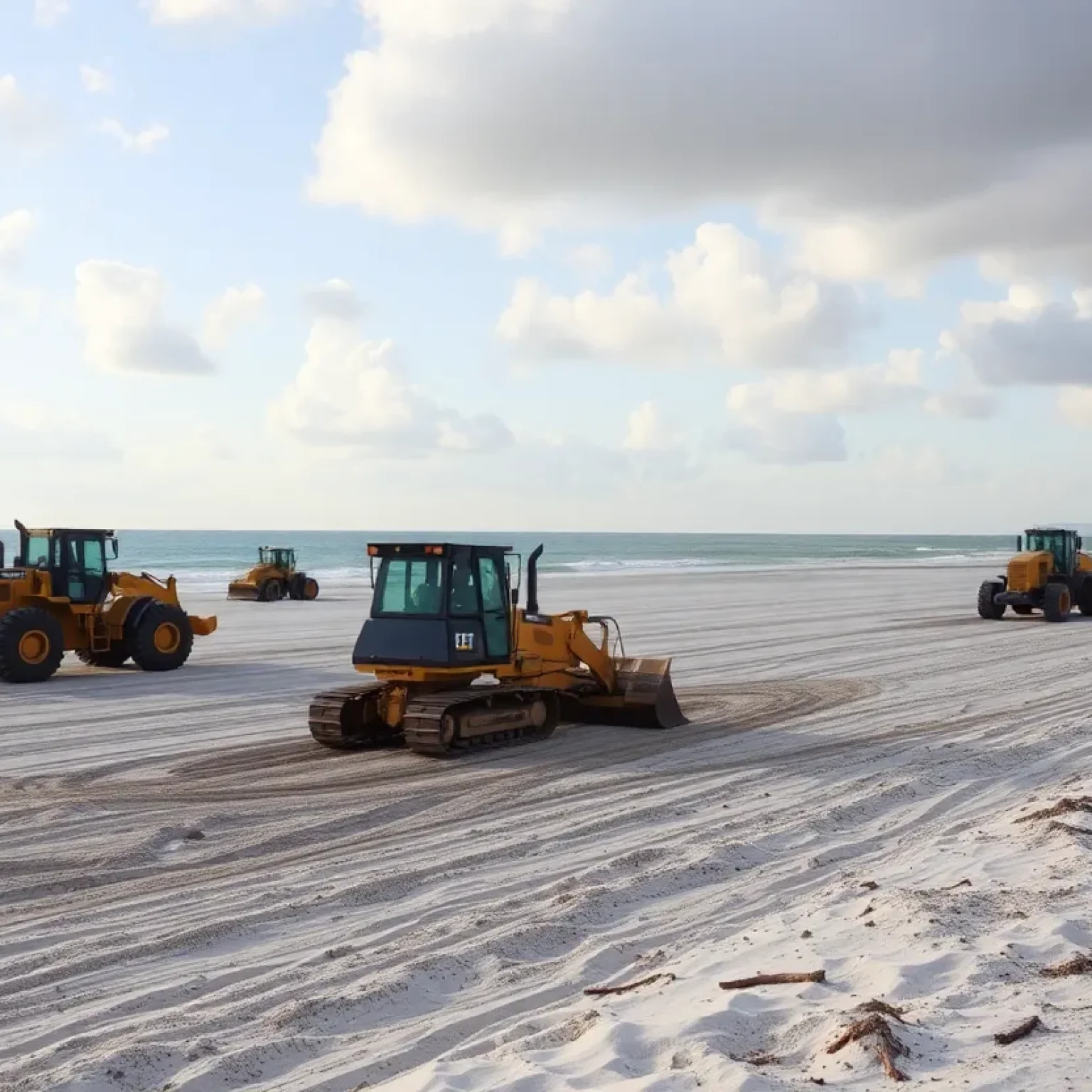 Workers pumping sand onto the beach in Pinellas County, Florida