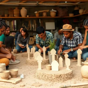 Participants creating grave markers in a ceramics workshop.