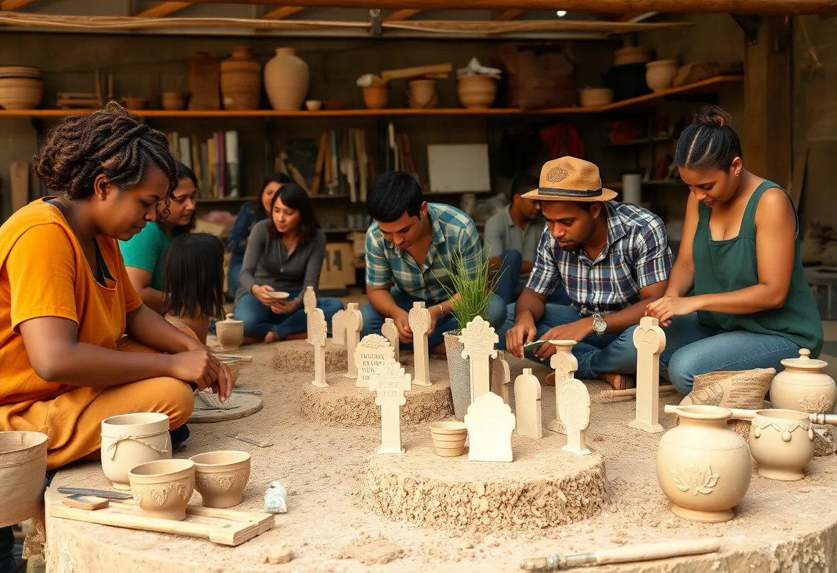 Participants creating grave markers in a ceramics workshop.