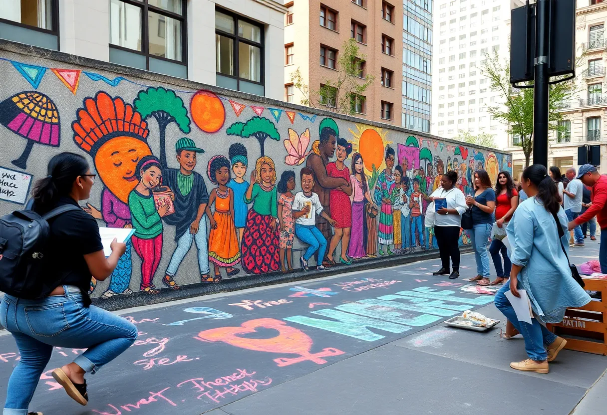 Community members participating in a chalk art campaign against mural removals in St. Petersburg.