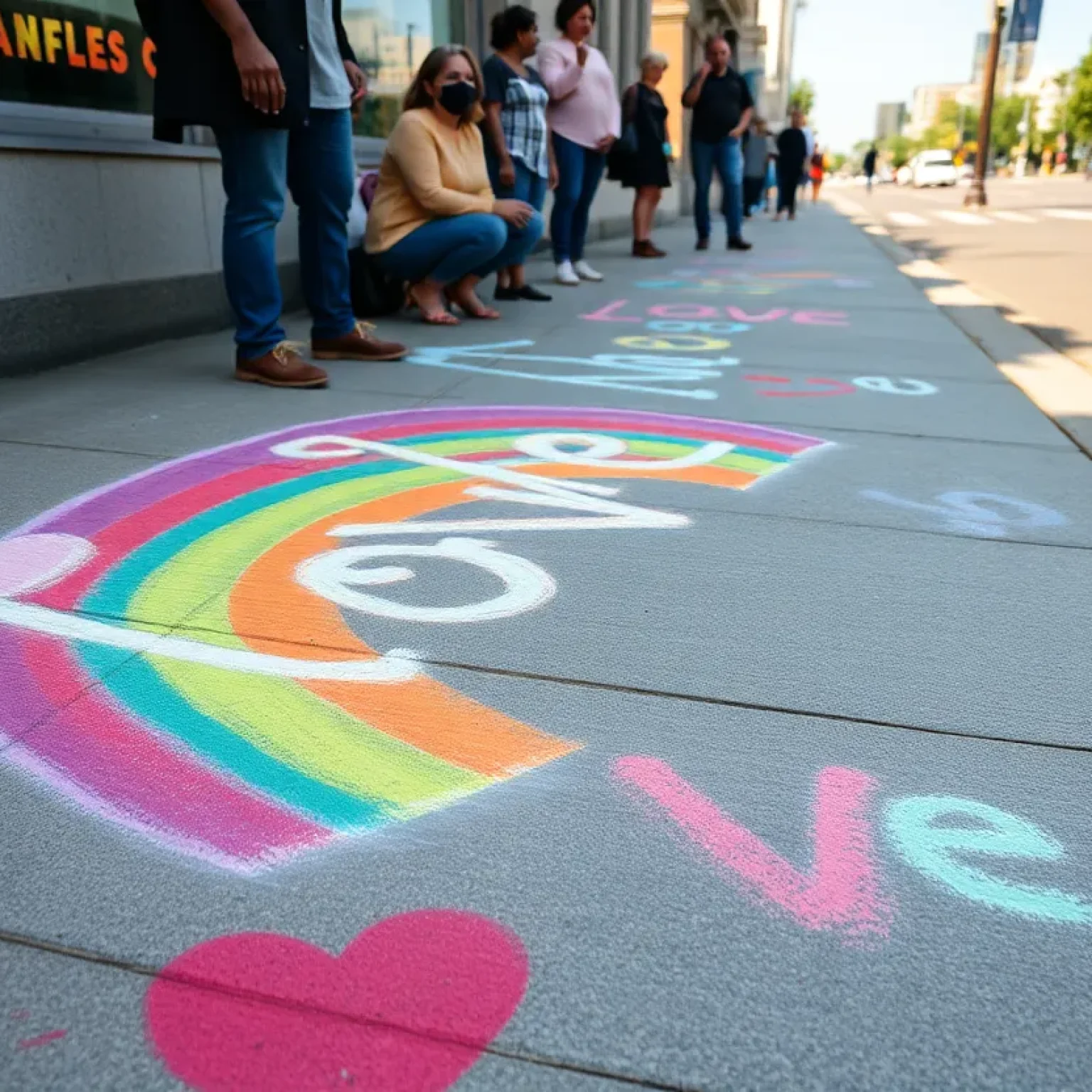 Community members participating in a chalk art protest with colorful drawings