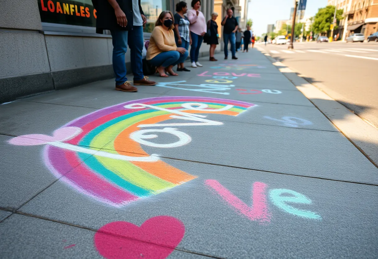 Community members participating in a chalk art protest with colorful drawings