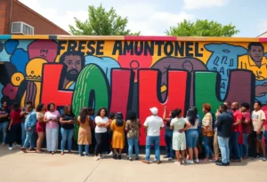Community participants forming the Black History Matters mural with their bodies.