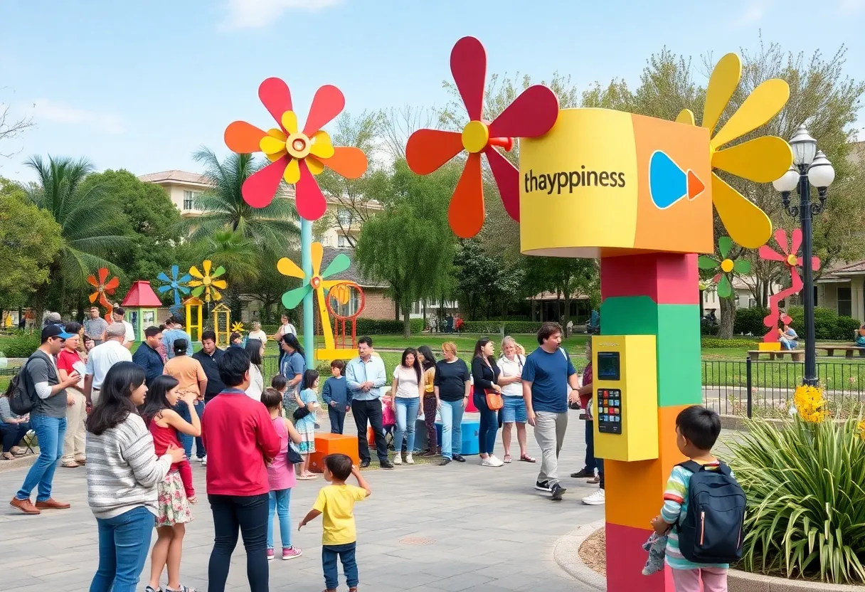 Colorful community installation promoting mental health and happiness.