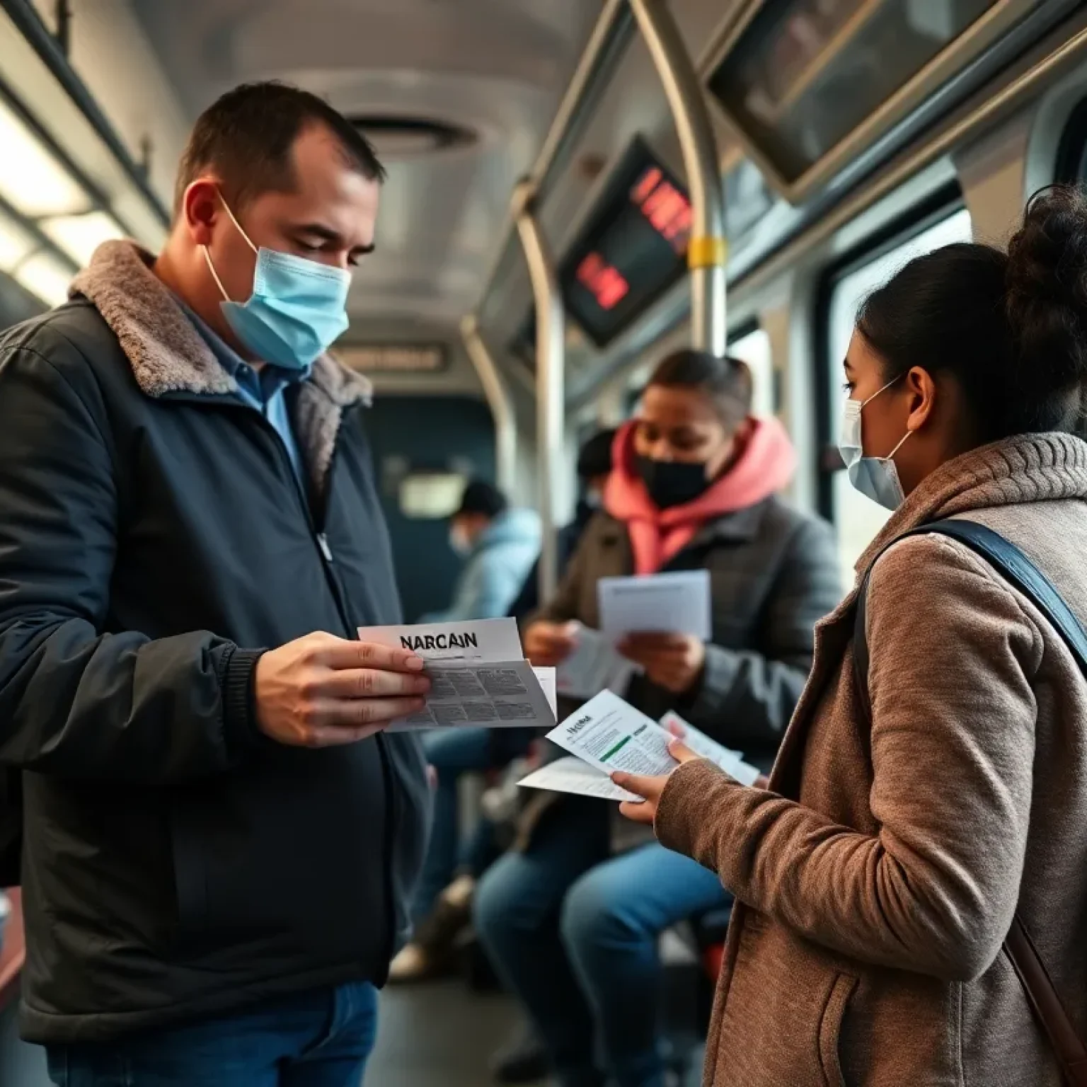 Community outreach workers distributing Narcan and information on opioid recovery.