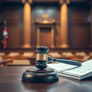 A courtroom with a gavel and legal documents representing justice