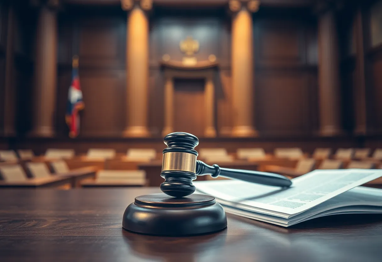 A courtroom with a gavel and legal documents representing justice