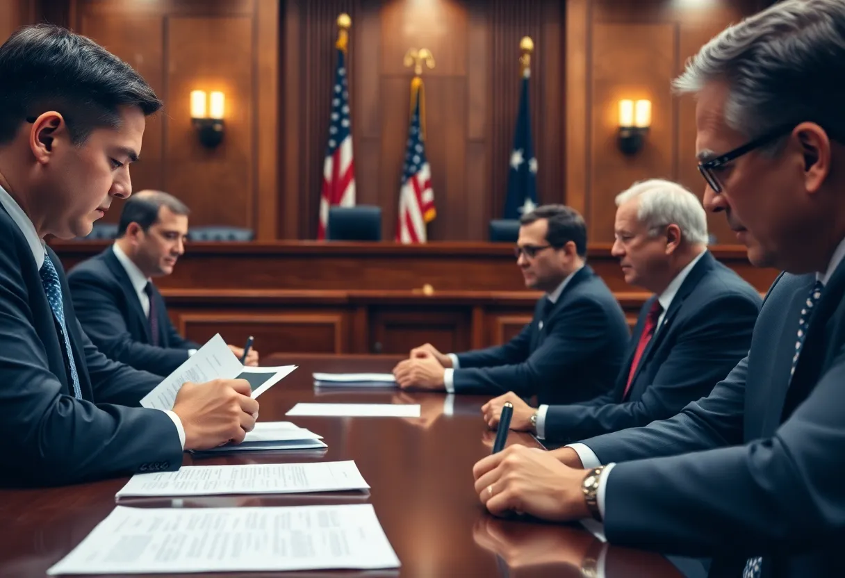 A courtroom during a defamation case with legal documents and a judge's bench.