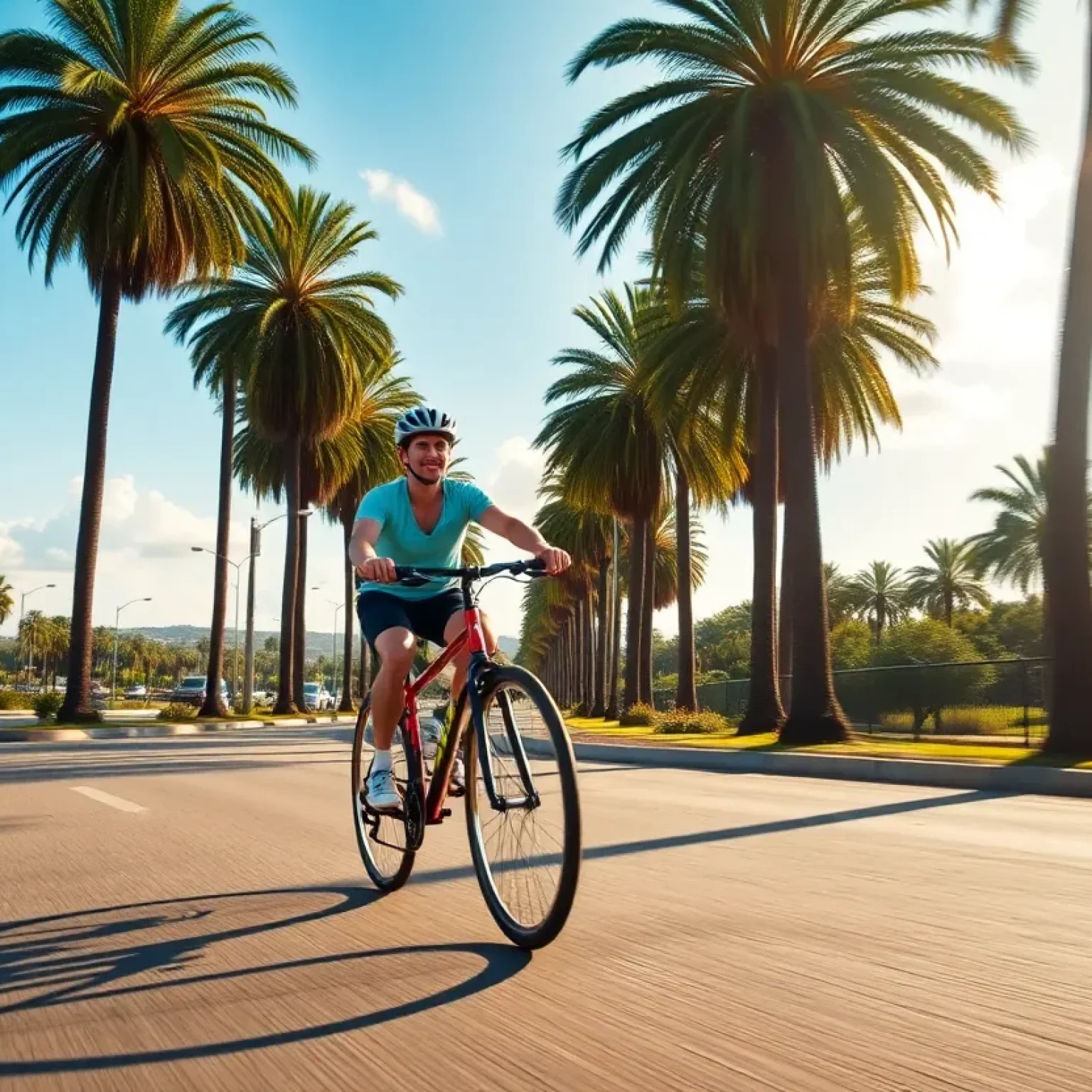 A cyclist riding along a sunny road in St. Petersburg, Florida