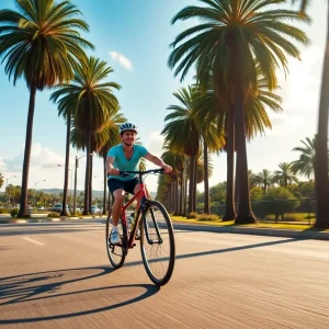 A cyclist riding along a sunny road in St. Petersburg, Florida