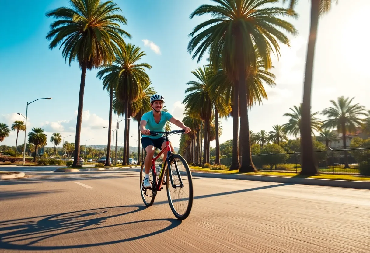 A cyclist riding along a sunny road in St. Petersburg, Florida