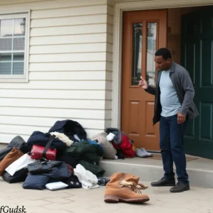 Scene of a domestic dispute with clothing scattered outside a house.