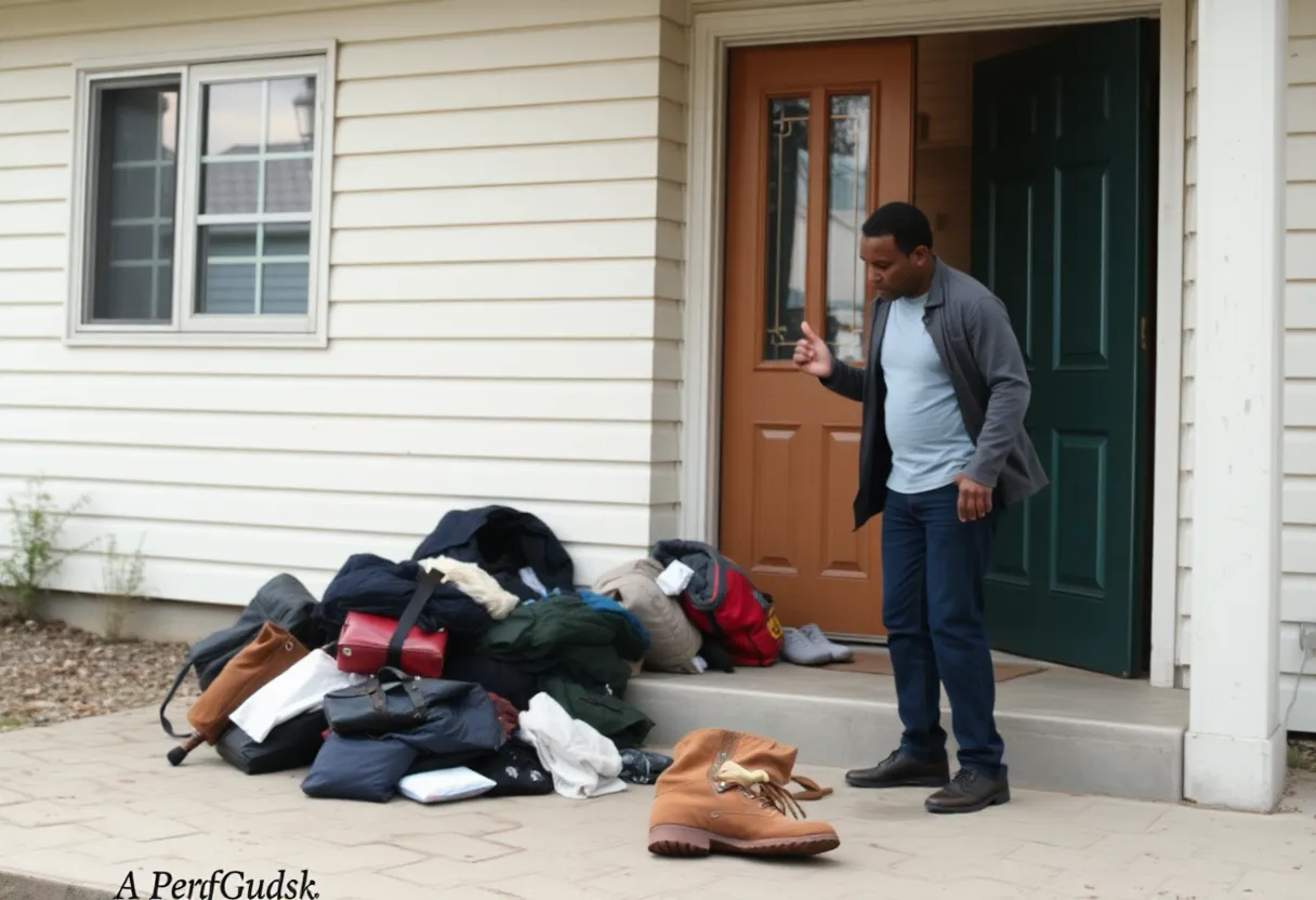 Scene of a domestic dispute with clothing scattered outside a house.