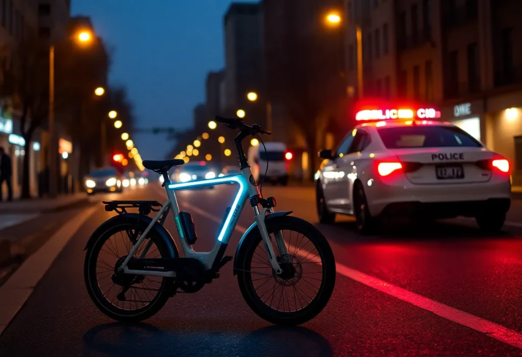Night scene of a city street with an e-bike and police lights reflecting concern for road safety.